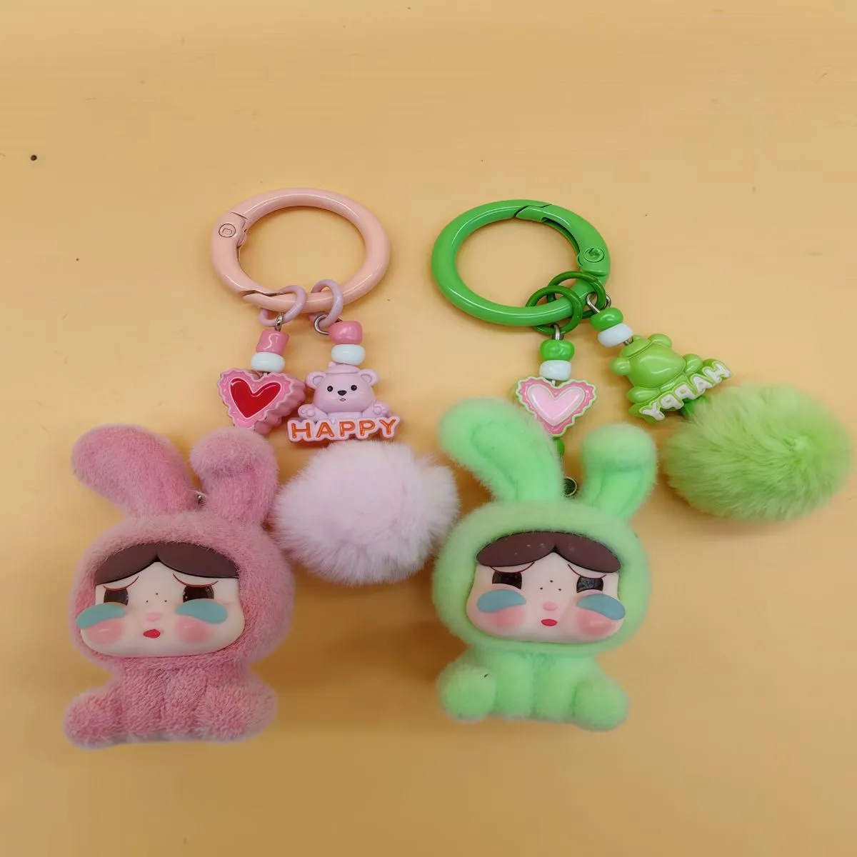 Flocked Bunny-Ear Crying Doll Keychain Pendant – 3D Creative Resin Bag Charm, DIY Girly Purse Ornament & Backpack Accessory
